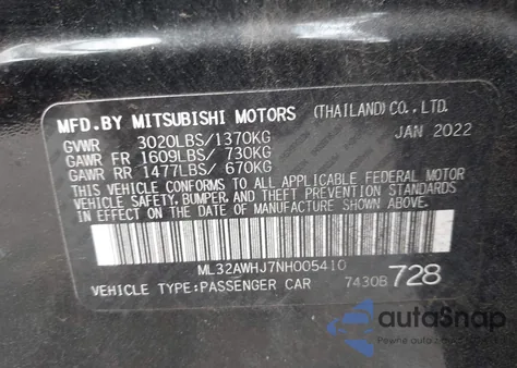 2022 Mitsubishi Mirage Black Edition/Se из США, поврежденный, VIN ML32AWHJ7NH005410